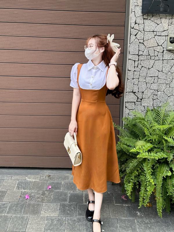 [FREESHIP] A25- Đầm váy Công Sở MIJU váy yếm liền đính cúc ngọc chất liệu cotton lạnh dày dặn, mềm mịn dáng xoè chữ A phù hợp đi làm đi tiệc đi chơi giáo viên Mijustore Women Dress Nữ Màu Nâu 8