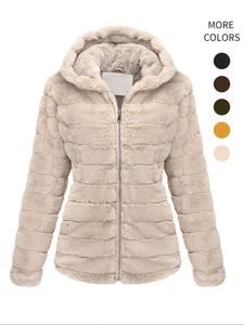Women's Solid Zip Up Faux Fur Hooded Coat, Casual Long Sleeve Fuzzy Outerwear for Fall & Winter, Women's Clothing for Daily Wear