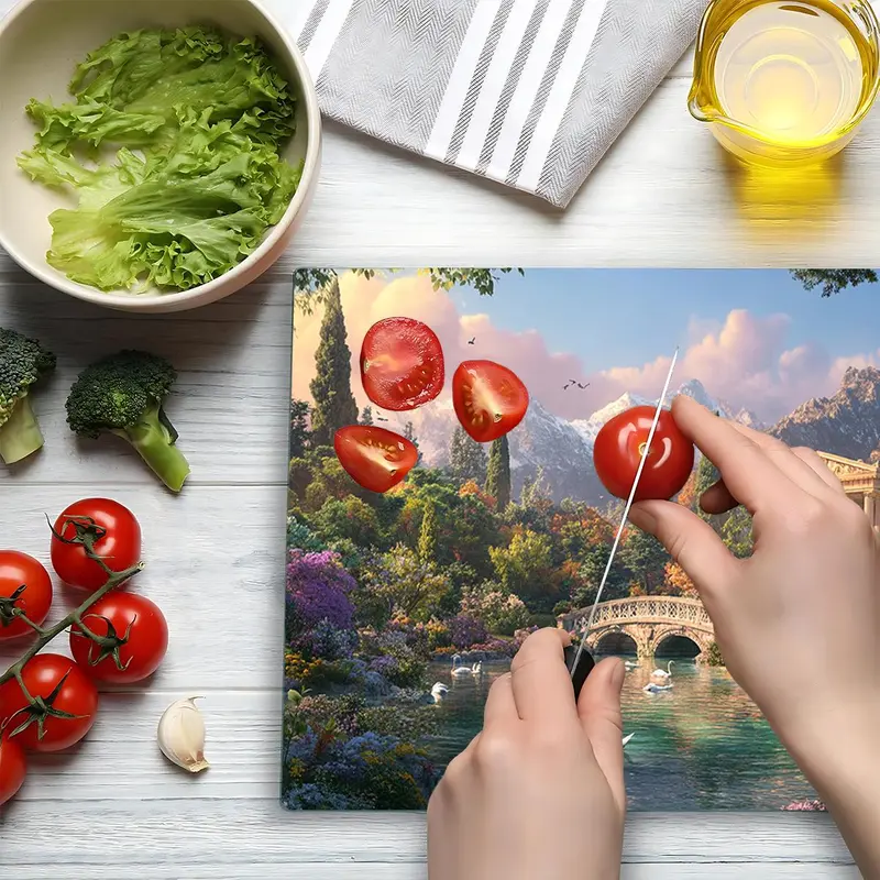 Landscape Pattern Kitchen Chopping Board, 1 Count Non-slip Heat Resistant Cutting Board with Handle, Kitchen Decorative Placemat 4
