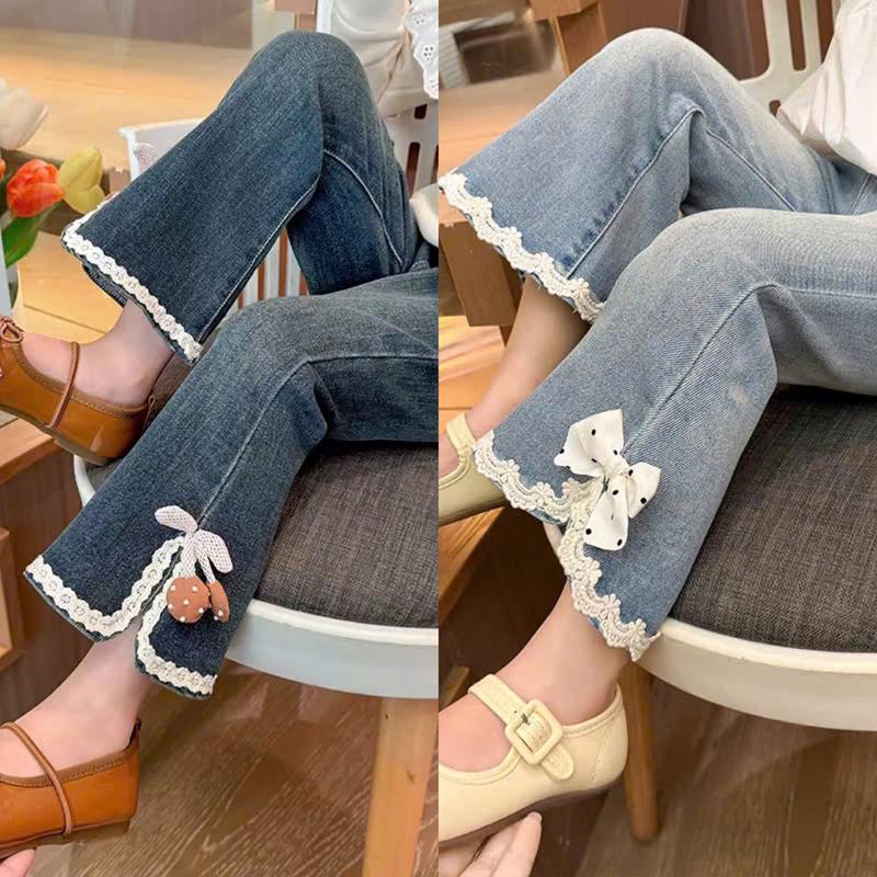 Quần jean ống loe bé gái phối Ren Nơ trendy 2025 size từ 12kg - 38kg quần ống loe cho 2k11 vừa dài bò 2k12