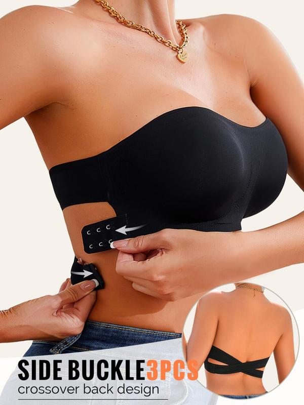 Women's Solid Color Buckle Side Criss Cross Bandeau Bra, Push Up Strapless Bra, Soft Comfortable Breathable Lingerie for Daily Wear, Bras Women 5
