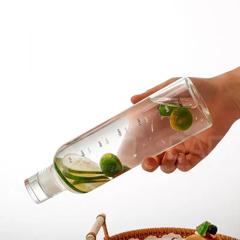 Bình Nước Thủy Tinh Chịu Nhiệt In Vạch Chia Vạch Giờ Cao Cấp 500ml , 750ml | Nắp Thủy Tinh 3