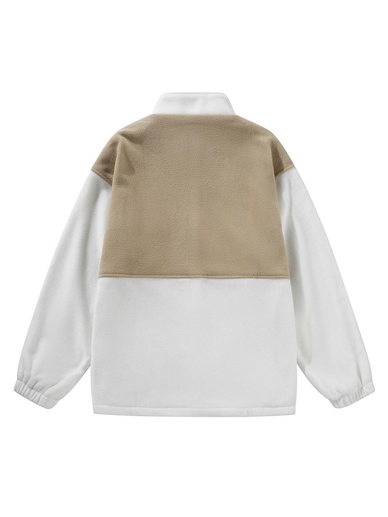 Product Introduction of Men's Colorblock Zip Up Polar Fleece Jacket, Loose Casual Long Sleeve Stand Collar Coat for Fall & Winter, Men's Clothes for Daily Wear 8
