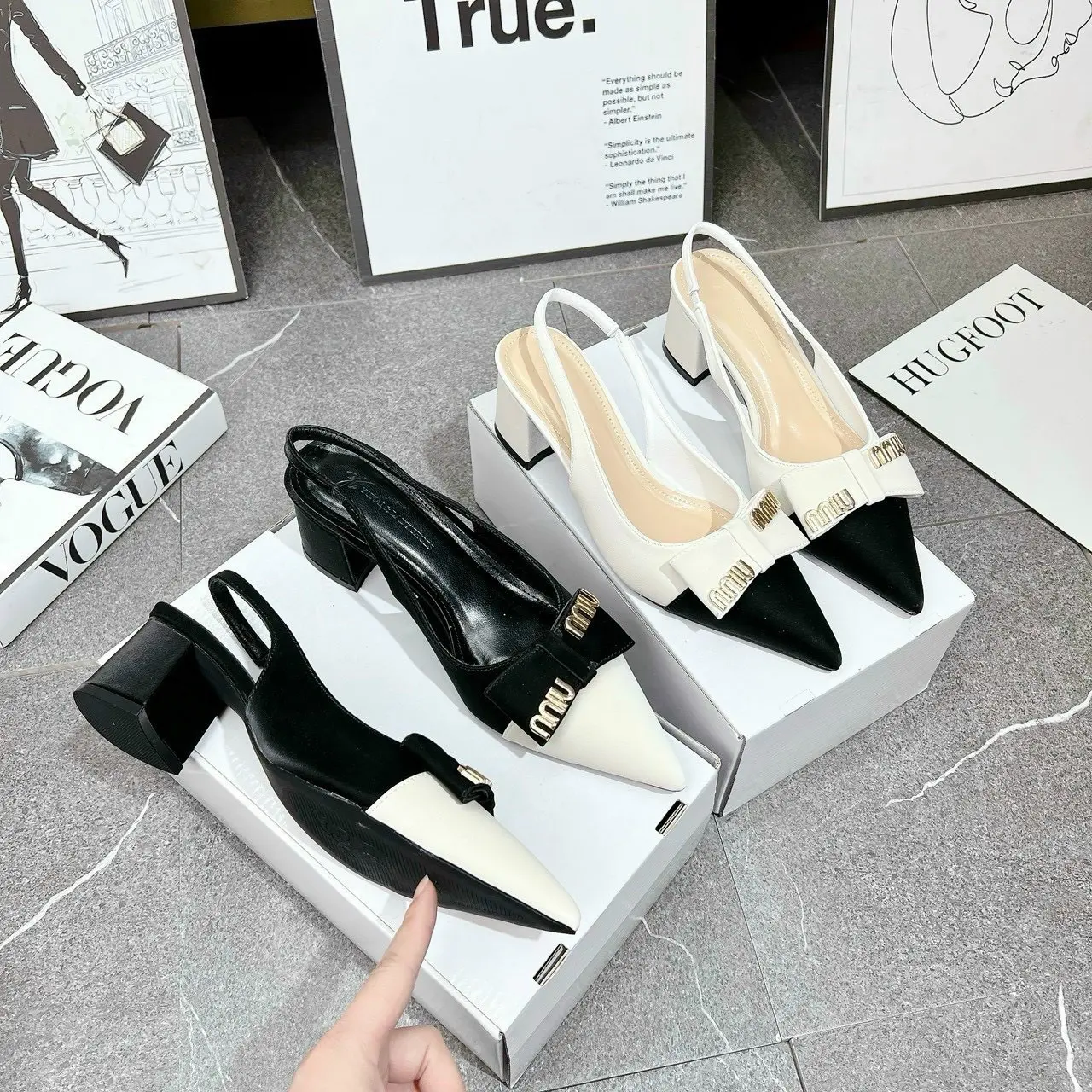 Giày đế trụ vuông 5p phối Nơ min đen/ trắng (FOM chuẩn size) Nữ Shoes giay no
