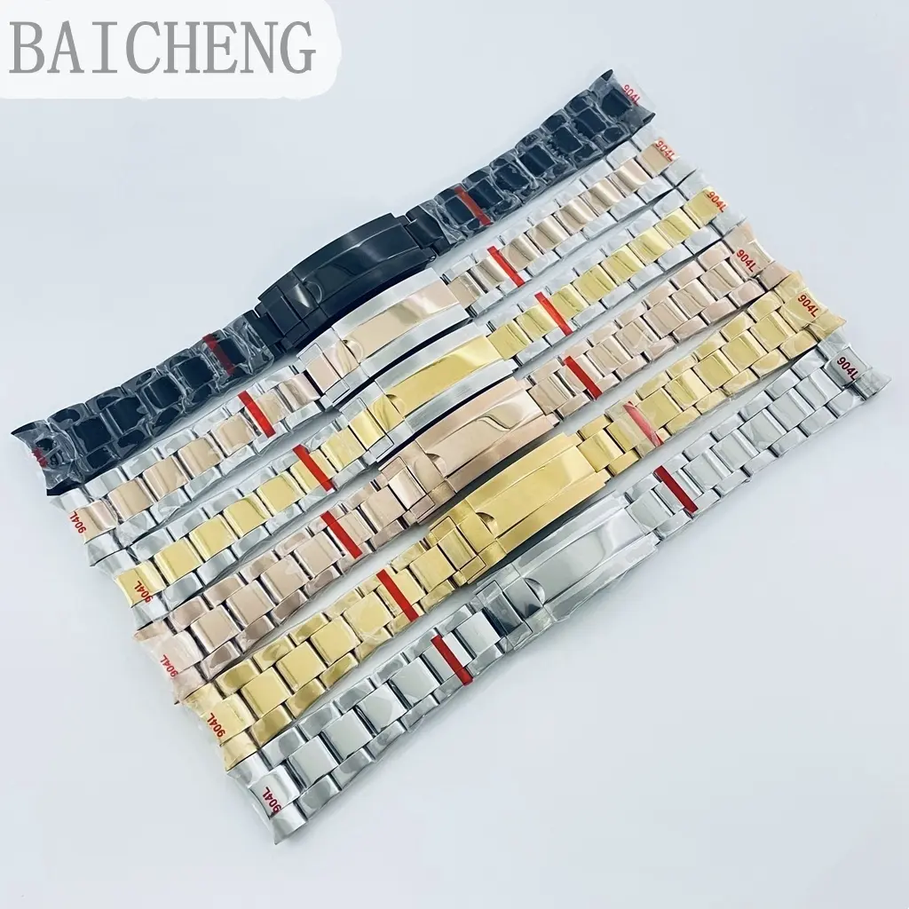 BAICHEGN  20mm 904L Solid Stainless Steel Watch Band Brushed Polished Bracelet Folding Buckle Glide Lock Clasp