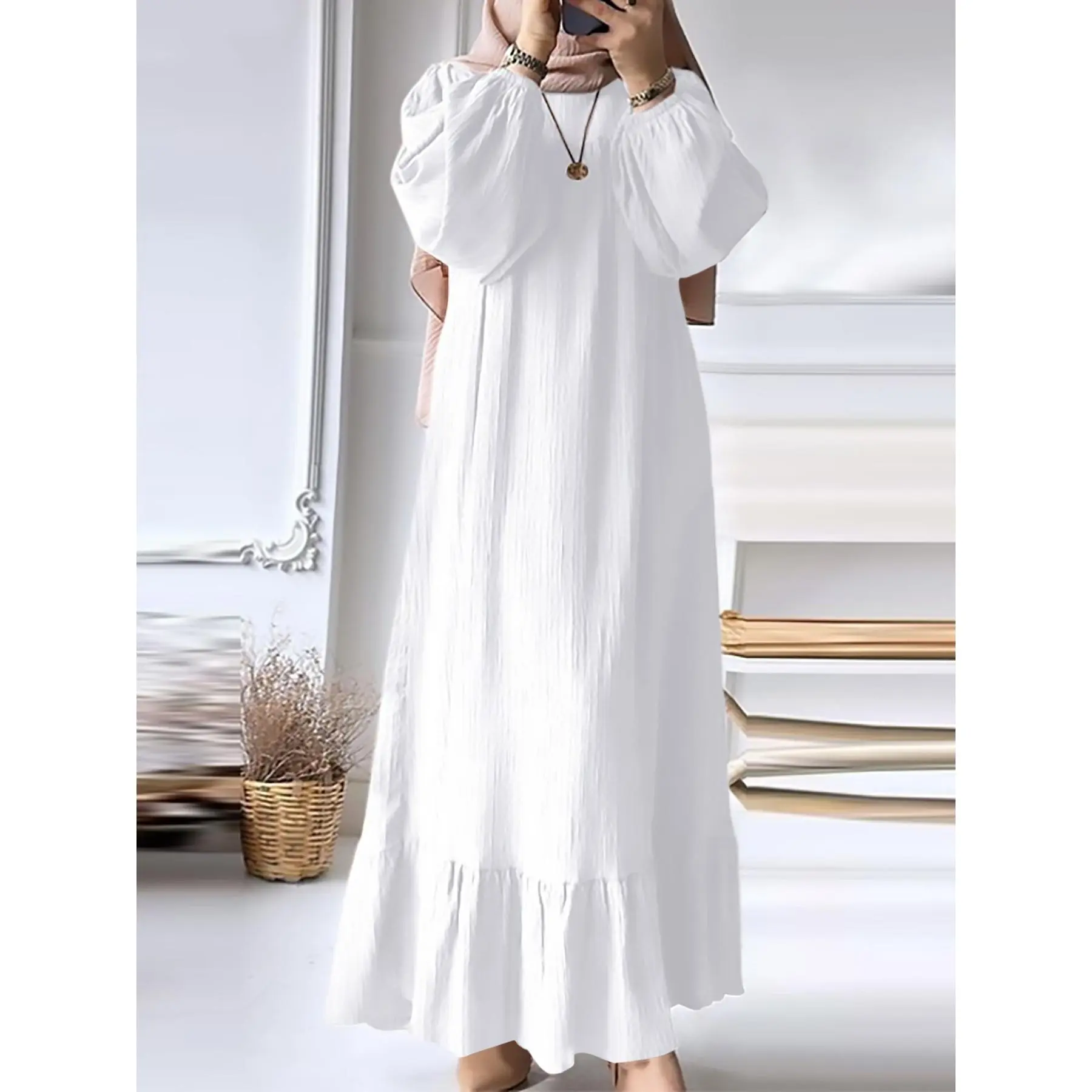Baju Wanita Muslim, Koleksi Musim Bunga dan Musim Luruh, Fesyen Baharu, Lengan Puff, Gaya Vintaj, Labuh Poket, Gaun Ruffles, 2024