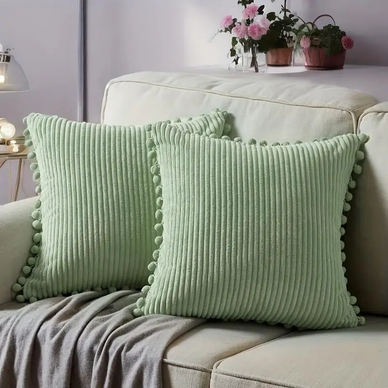 2pcs Simple Solid Color Cushion Living Corduroy Straight Strip Large Fur Ball Pillow Cover, Sofa Waist Rest Home Room Bedroom Decor, Cushion Is Not Included