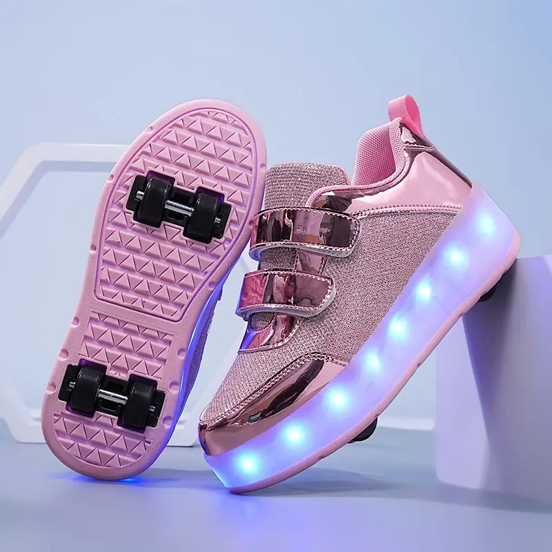 New detachable Heelys for girls with four-wheel roller skates charging USB illuminated wheel shoes