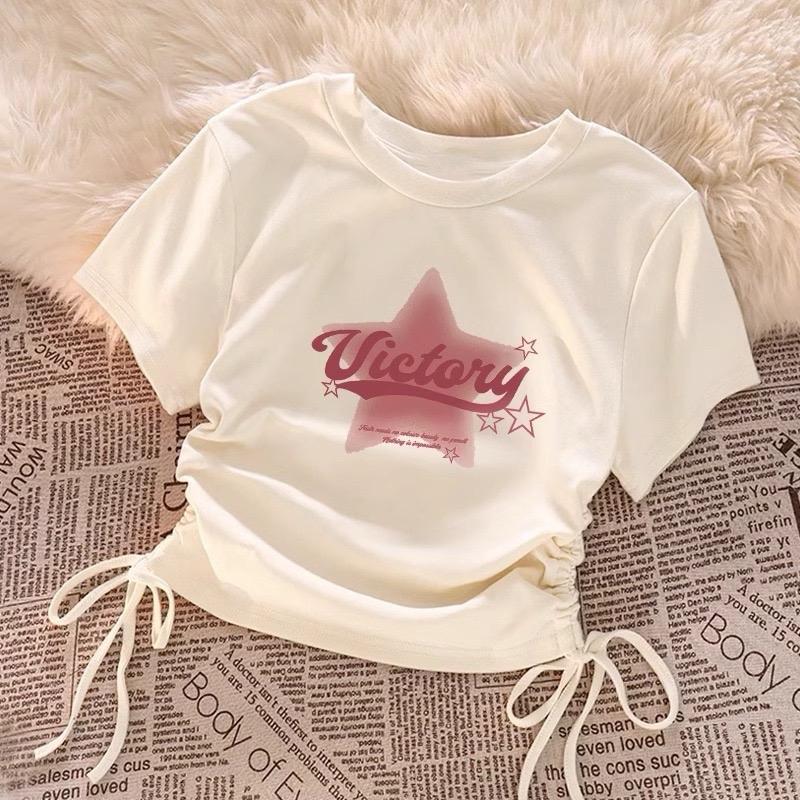 Áo thun croptop ngôi sao dây rút borip Nữ Cổ Tròn Women T-shirts Nhung croptop  đỏ Voi Sen Nho