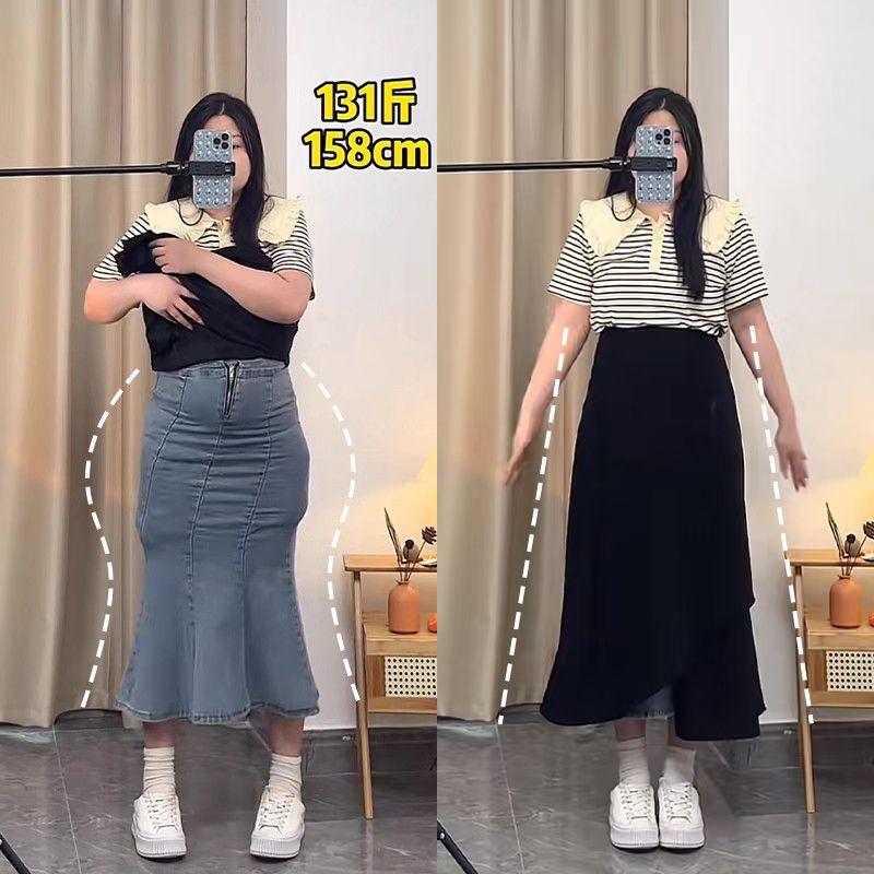 Product Introduction of Chân Váy Màu Đen, Ngoại Cỡ, Chân Váy Chữ A Che Hình Quả Lê Cạp Cao Bất Đối Xứng Dành Cho Phụ Nữ, Cô Gái Đầy Đặn, Che Bụng, Váy Ôm Sát 1