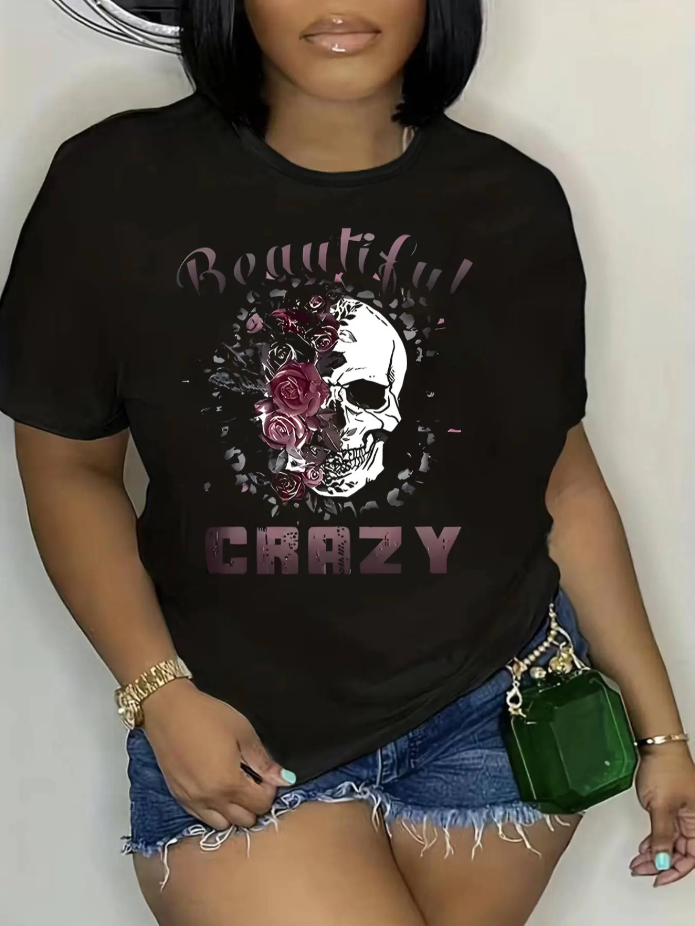 Plus Size Skull & Rose Print Round Neck Short Sleeve Tee, Fashion Casual Letter Print Crew Neck T-shirt for Daily Holiday Vacation Outdoor Wear, Women Plus Clothing for Summer