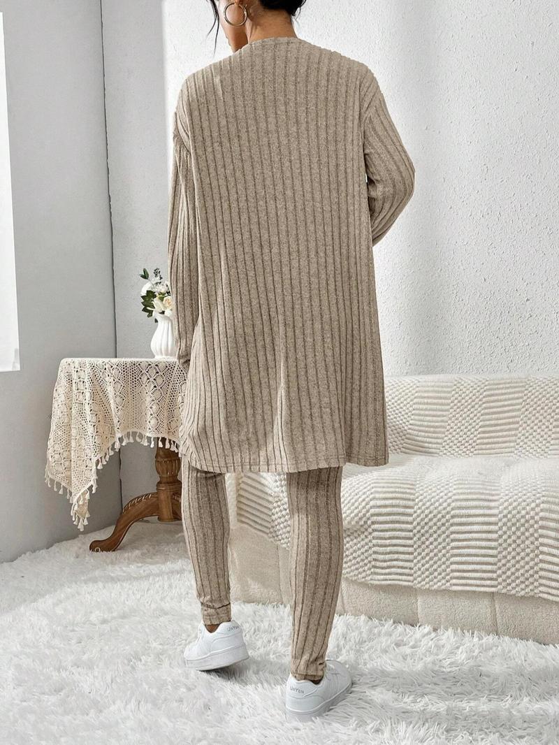 Product Introduction of 【Plus Size】 Three-Piece Set Solid Color Set, Casual Fashion Drop Shoulder Open Front Outerwear & Drawstring Waist Pants & Tank Top Set for Daily Outdoor Wear, Co-ord Sets, Women's Lounge Clothing for Fall & Winter 6