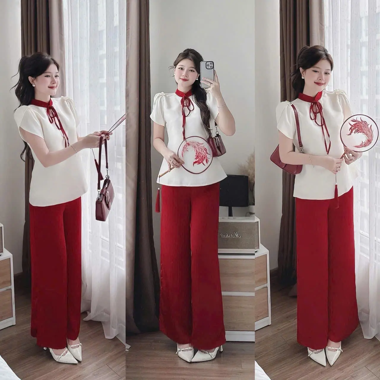Set bộ nữ tuyết nhung tay ngắn cổ tròn thắt dây nơ mix quần dài ống rộng xinh xắn dành cho nàng di chơi.