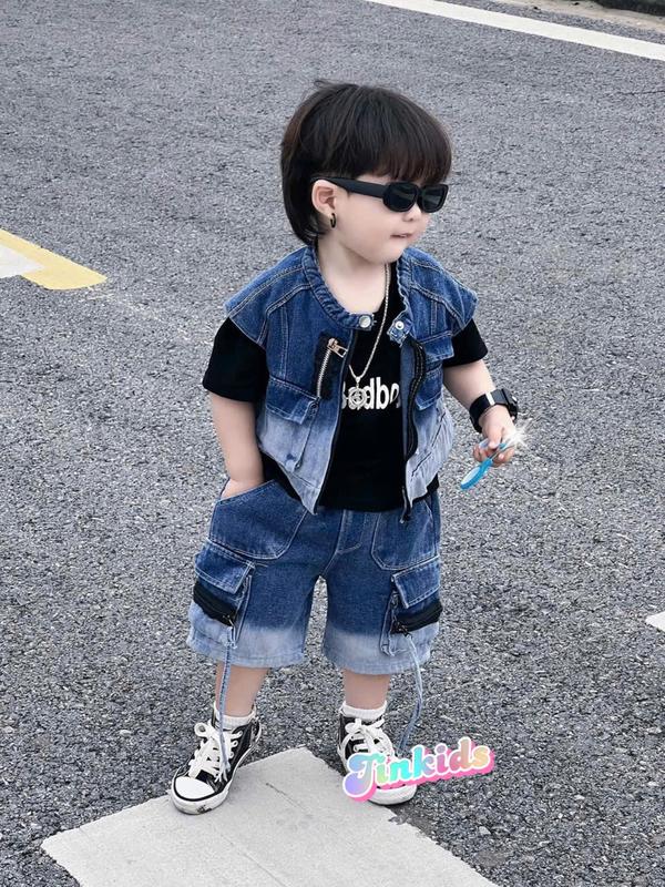 (JINKIDS) Bộ 3 chi tiết áo khoác gile vai chờm +quần jean mềm kèm áo thun cotton cho bé trai từ 9 - 30kg