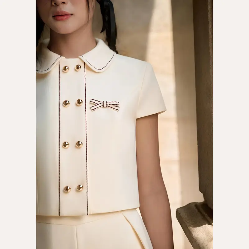 Set bộ đồ nữ áo croptop cổ sen đính nơ phối quần váy form xòe bồng cách điệu tiểu thư Linly Store 2