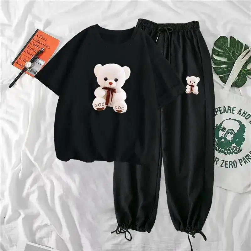 2025 Single/Suit 2022 Summer New Fashion Casual Wide Leg Pants Korean Style Student Bear Short Sleeve T-shirt Women's Two-Piece Set Womenswear Clothing