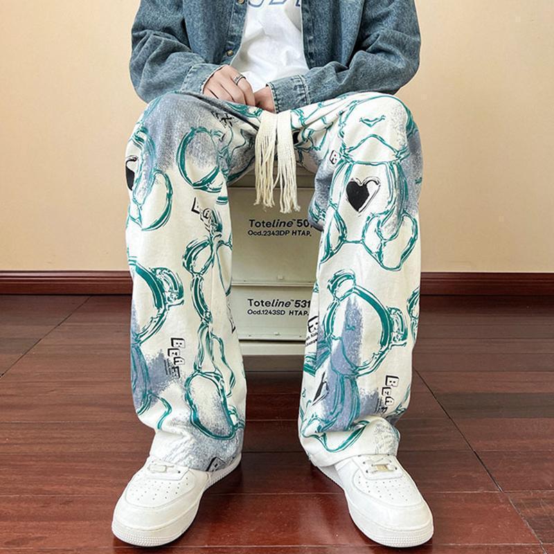 Product Introduction of 2024 Pants Trendy Brand Pu Shuai Fried Street Men's Autumn Vintage Vintage Casual Pants American Retro Graffiti Full Printed Wide-Leg Pants 1