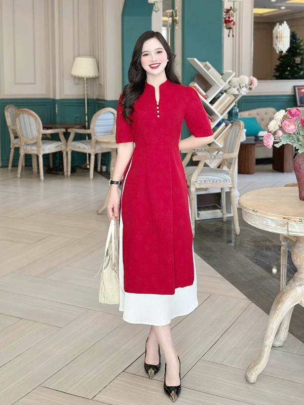 Áo dài cách tân nữ thiết kế Nhật Vy kèm chân váy cổ tàu tay lửng mặc tết chụp ảnh - D3246