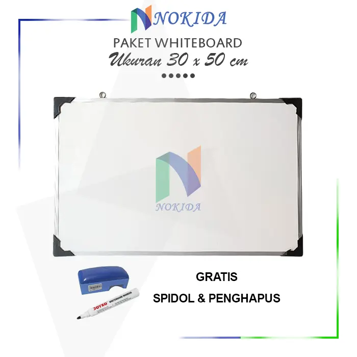 Nokida Papan Tulis Whiteboard [30 x 50 cm] / White Board Belajar Sekolah Anak / Paket Spidol Penghapus Alat Tulis Papan Putih 0
