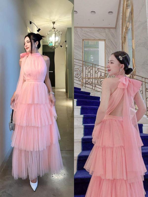 Đầm nữ  dự tiệc 4 tầng nơ cổ với 2 màu trắng và Hồng   4583