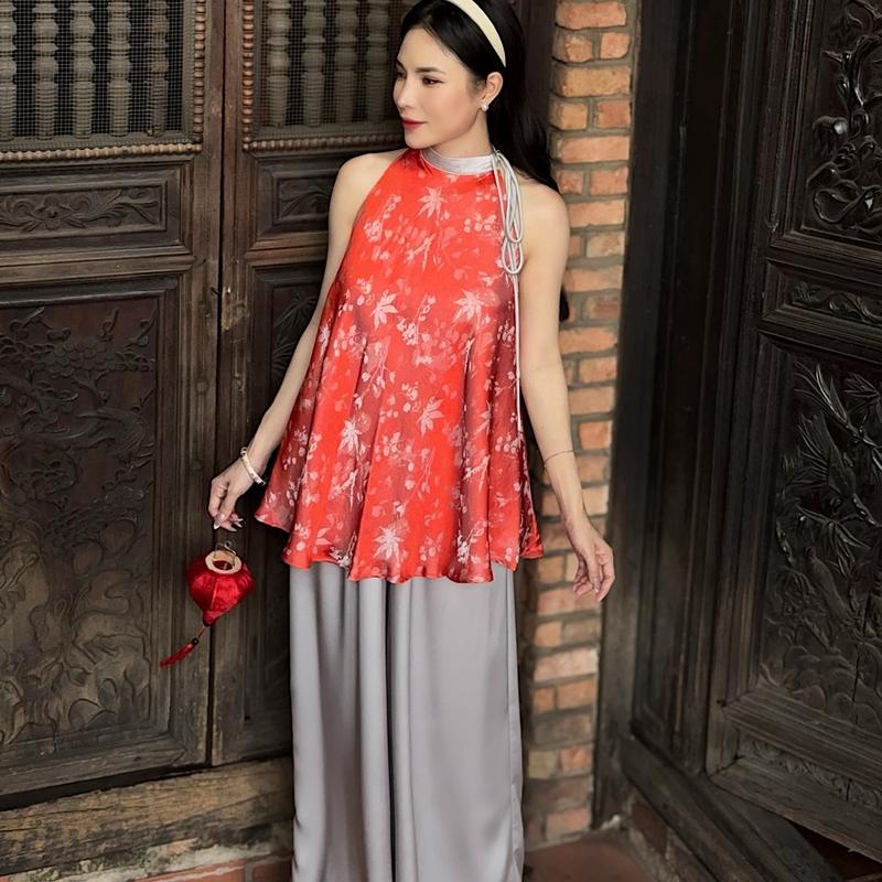 Y01 SET ĐỒ NỮ ÁO YẾM CỘT DÂY KÈM QUẦN SUÔNG DÀI, CHẤT LIỆU GẤM TƠ TẰM - FREE SIZE 8