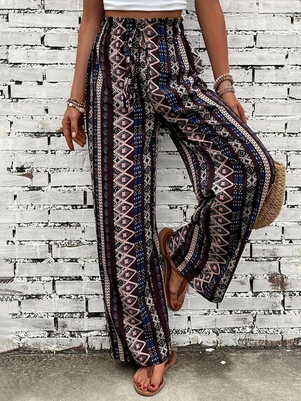 Women's Ethnic Pattern Drawstring Waist Pants, Boho Frill Trim High Waist Straight Leg Trousers for Spring & Fall, Ladies Bottoms for Daily Wear 0