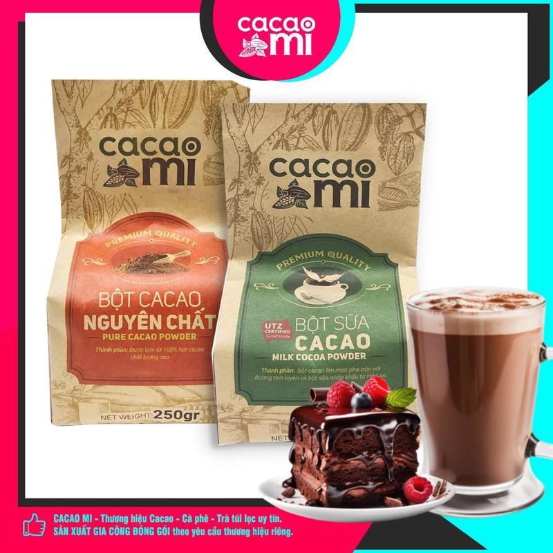 Combo Trải Nghiệm gồm Bột Cacao Nguyên Chất Premium Gu Đậm Vị và Bột ca cao Sữa Pha Sẵn 250g chuyên pha chế cafe, Sô-cô-la nóng, trà Sữa Socola Chocolate, cacao đá, làm bánh
