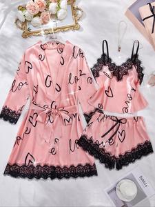 Women's All Over Heart Print Satin Pyjama Set, Long Sleeve Belted Robe & Cami Top & Shorts Loungewear Set, Elegant Loungewear Set for Fall & Winter