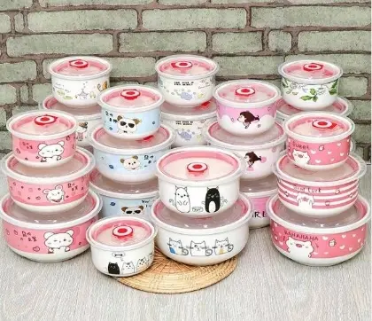 ชุดชามเซรามิค 3ใบ/ชุด พร้อมฝาปิด ลวดลายน่ารัก
