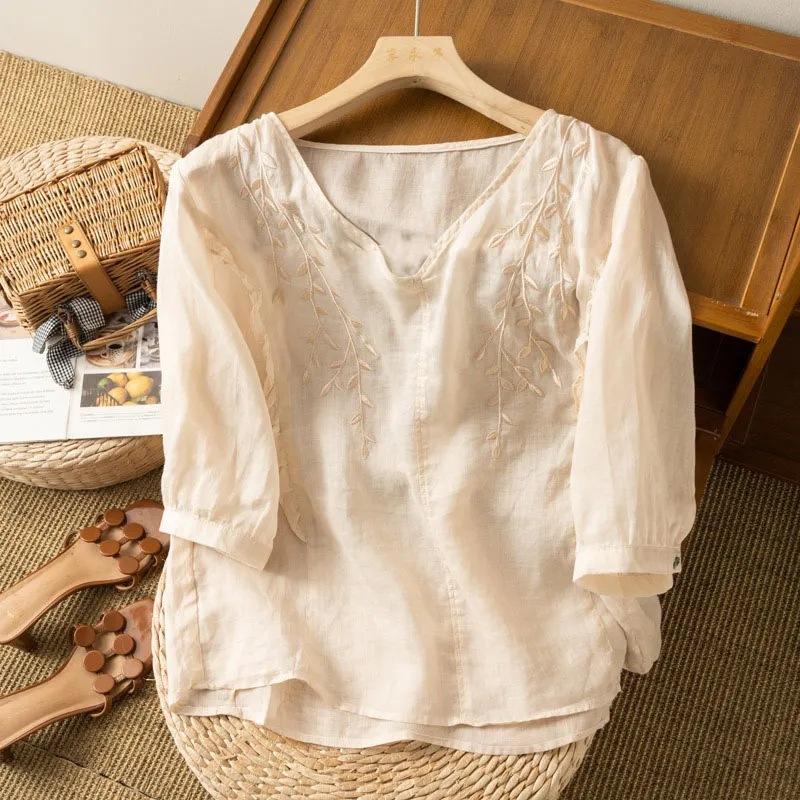 Áo Cotton Và Vải Lanh Thêu Mới, Áo Dáng Rộng, Thanh Lịch, Nghệ Thuật, Retro, Tay Áo Cắt Xén, Phong Cách Trung Quốc, Thường Ngày, Đa Năng, Mùa Hè Top Nữ Sơ Mi Women 0