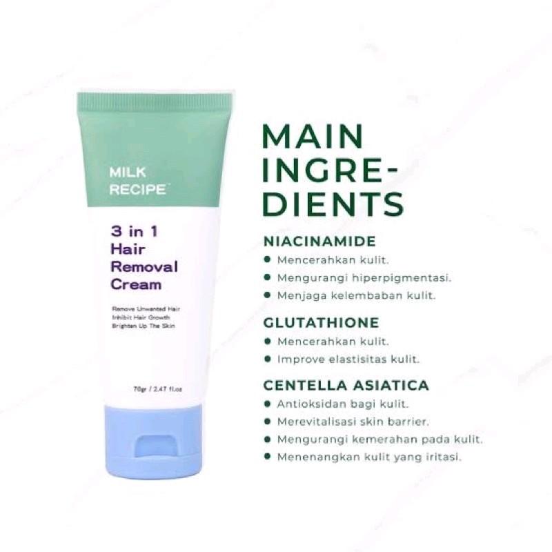 Milk Recipe 3 in 1 Hair Removal Cream krim perontok penghilang bulu tangan kaki ketiak tanpa waxing Organik Niacinamide 4