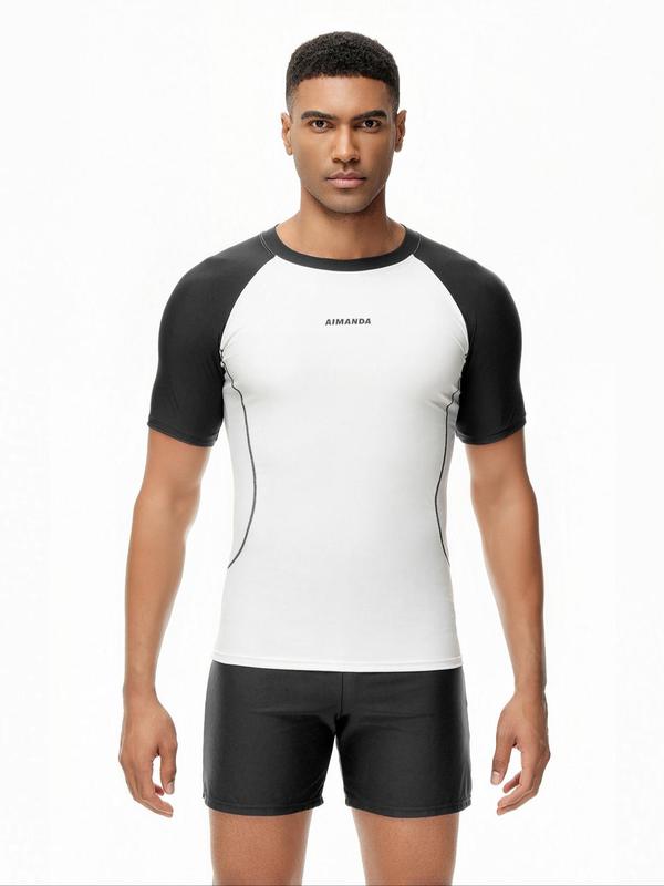 Two-Piece Set Men Swim Trunks, Men's Colorblock Raglan Sleeve Beach Set, Sporty Short Sleeve Tee & Elastic Waist Shorts Set, Quick Drying Swimwear Set, Beach Swimsuit Set for Men 3