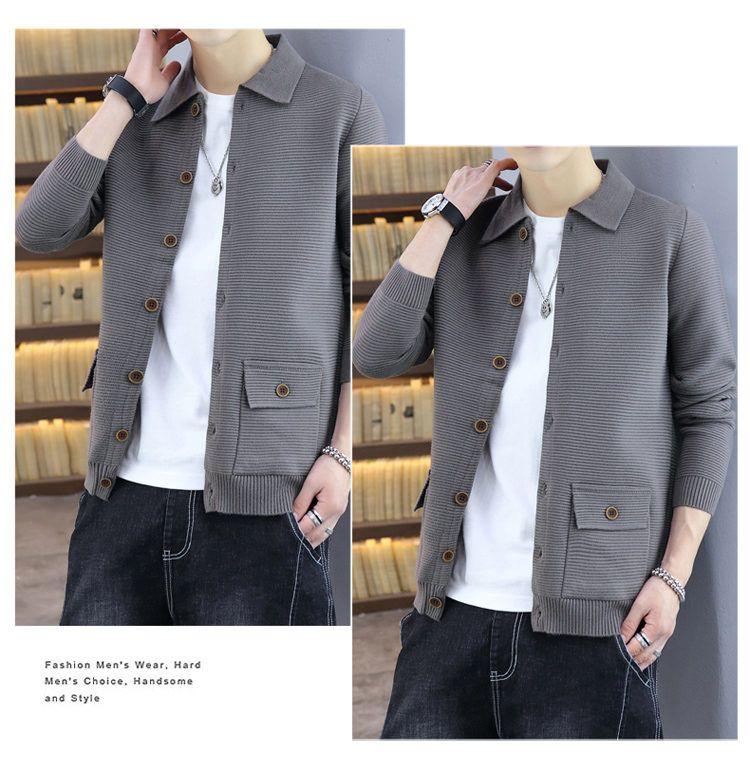 Product Introduction of Spring and Autumn Lapel Knitted Cardigan Men's Coat Trendy Casual Belt Button Solid Color Outerwear Sweater Men's Line Clothes Nam 25
