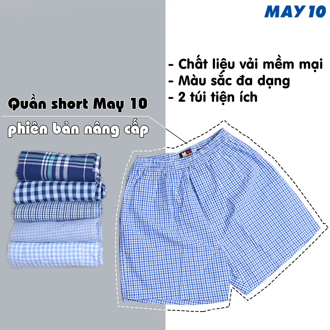 Quần đùi nam ( có túi 2 bên ) - May 10 (họa tiết caro ngẫu nhiên)
