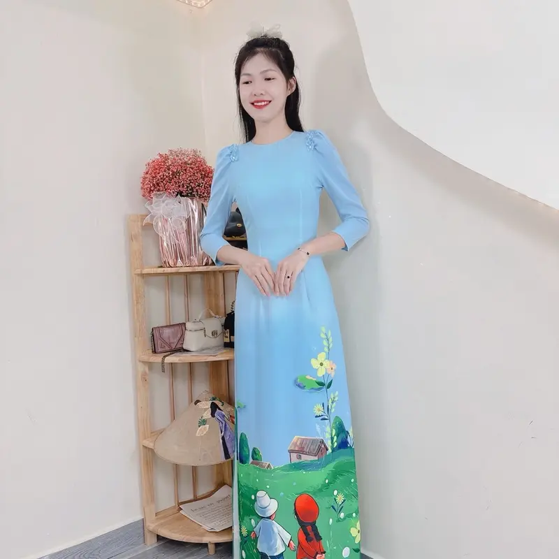 ( KHÔNG KÈM QUẦN) Áo dài chân tranh đồi cỏ xanh 3