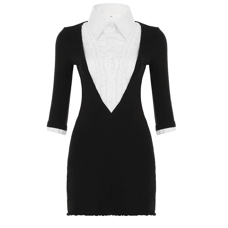 Product Introduction of Váy ngắn Bodycon, Phong Cách Người Nổi Tiếng Ins, Phong Cách Preppy, Váy Có Gân Khối Màu, Thanh Lịch, Cổ Áo Sơ Mi, Dành Cho Phụ Nữ váy  trắng váy  có  cổ  khoét  sâu hoa  xù  đầm  body 11