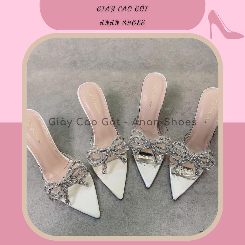 Dép Cao Gót 7p Và 9p Guốc Nơ Mũi Nhọn Quai Mika Êm Mềm Dẻo Dính Nơ Đá 2 Tầng Lấp Lánh Sang Trọng, Đi Tiệc - Anan Shoes 3