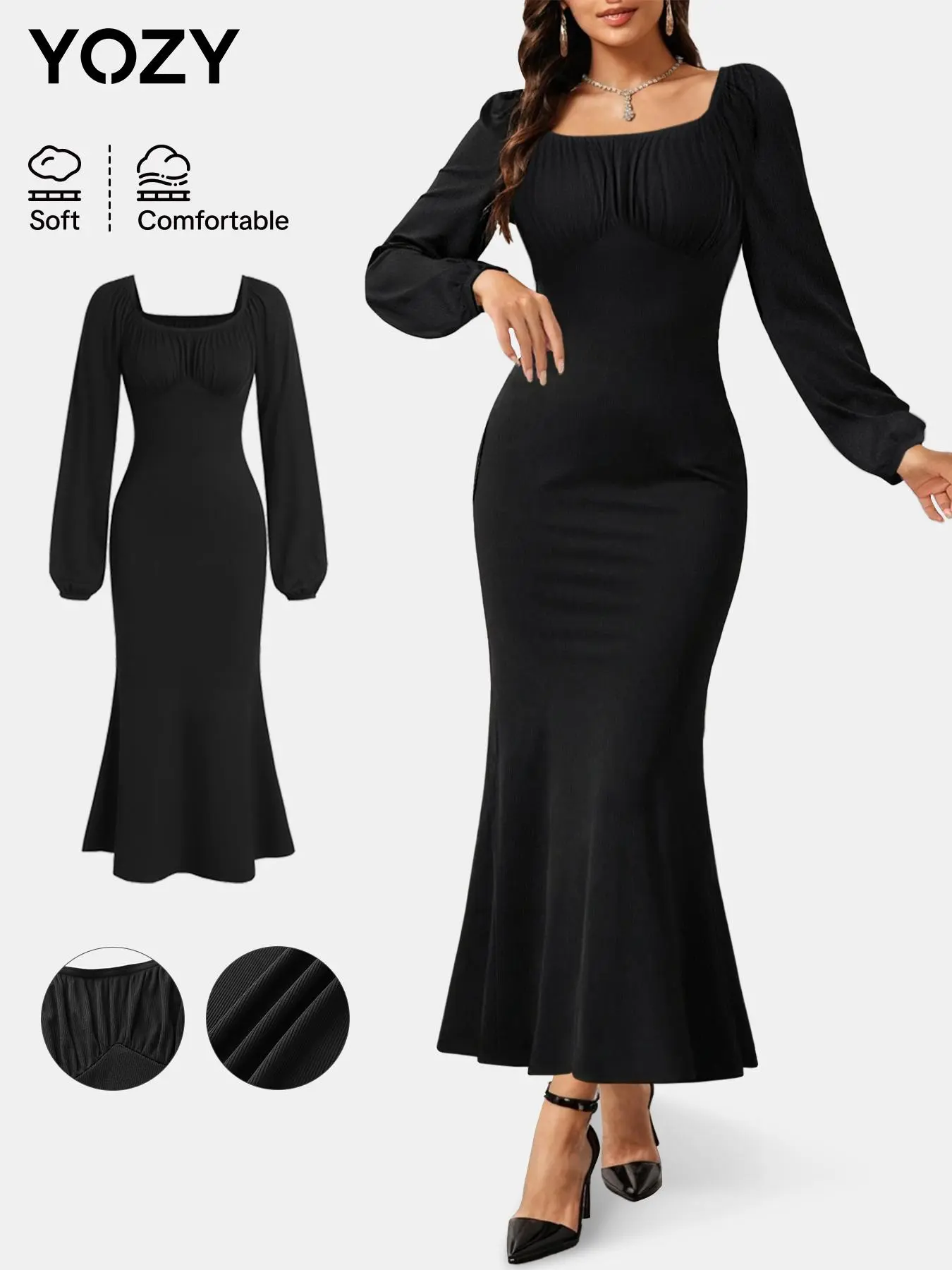YOZY Women's Plain Bishop Sleeve Mermaid Dress, Elegant Long Sleeve Square Neck Dress for Party Holiday Wedding Guest, Ladies Clothes for All Seasons