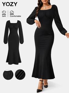 YOZY Women's Plain Bishop Sleeve Mermaid Dress, Elegant Long Sleeve Square Neck Dress for Party Holiday Wedding Guest, Ladies Clothes for All Seasons