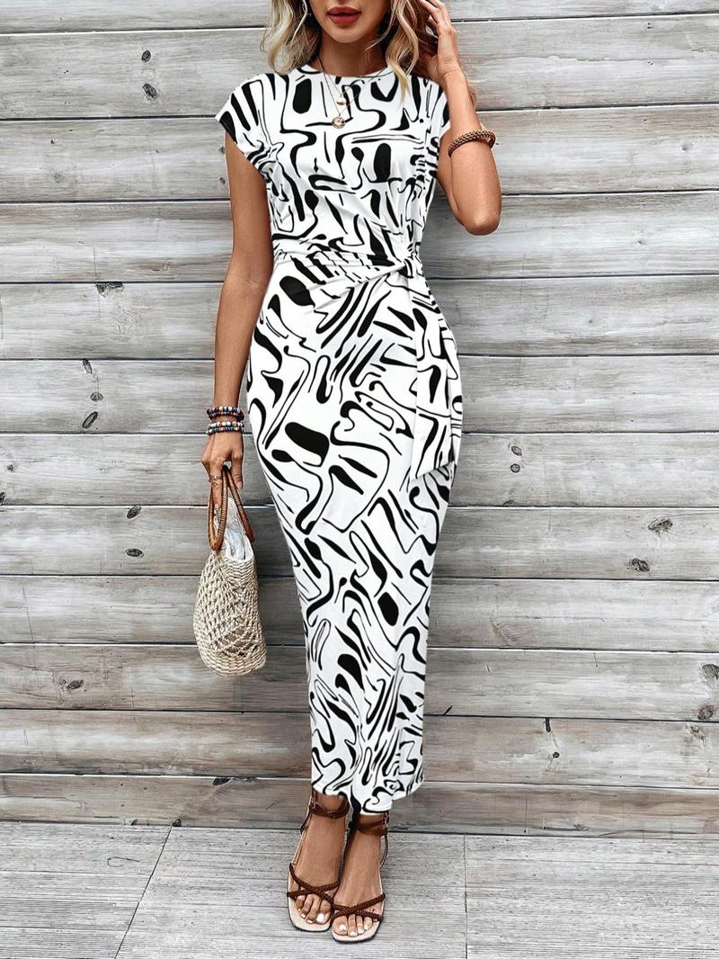 Product Introduction of Back To School Women's All Over Print Twist Front Batwing Sleeve Bodycon Dress, Dresses for Women, Casual Cap Sleeve Long Dress, Birthday Dresses 2024, Date Night Outfits, Evening Outfits on Holiday, Hide Tummy Outfits UK, Autumn Outfits 2024 7