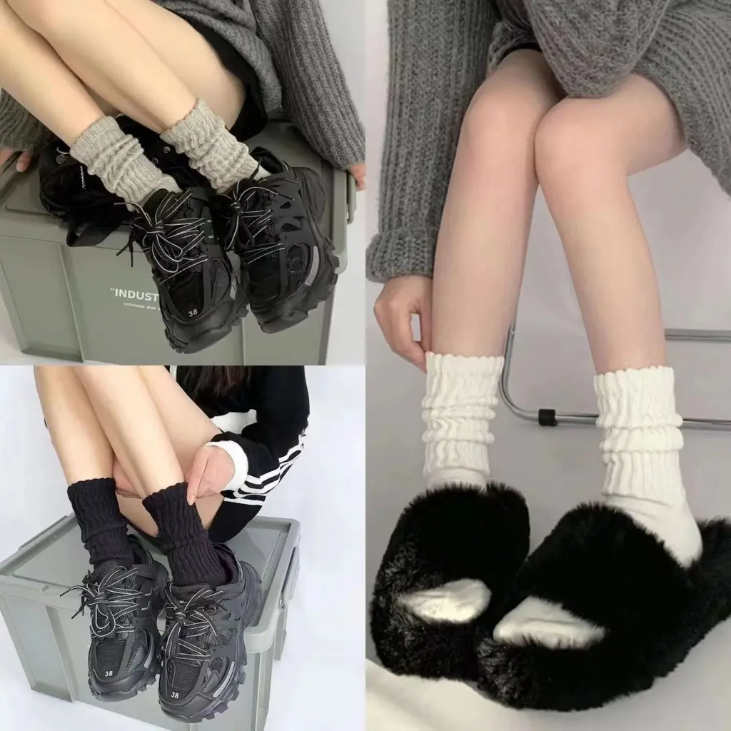 Y2K Knit Slouchy Socks for Women Trendy White Long Leg Warmers Casual JK Style Mid-Calf Fashion