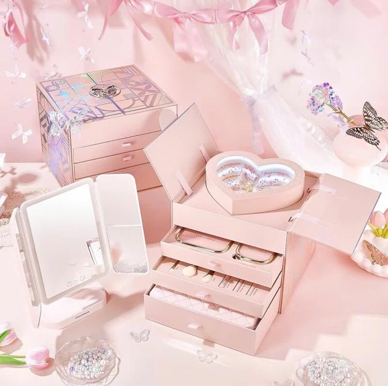 Bộ Quà Tặng Trang Điểm 4 tầng YOULIYOULA Hồng trái tim 13 món cao cấp kèm Gương LED - Quà tặng 20 10 bạn gái người yêu