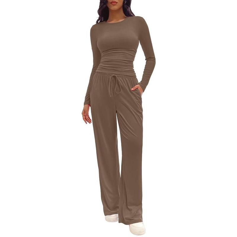 Two-piece Set Women's Solid Ruched Tee & Drawstring Pocket Pants Lounge Set, Casual Long Sleeve T-shirt & Elastic Waist Trousers, Pyjamas for Women, Ladies Sleepwear for All Seasons,  Lounge Tracksuit Women 5
