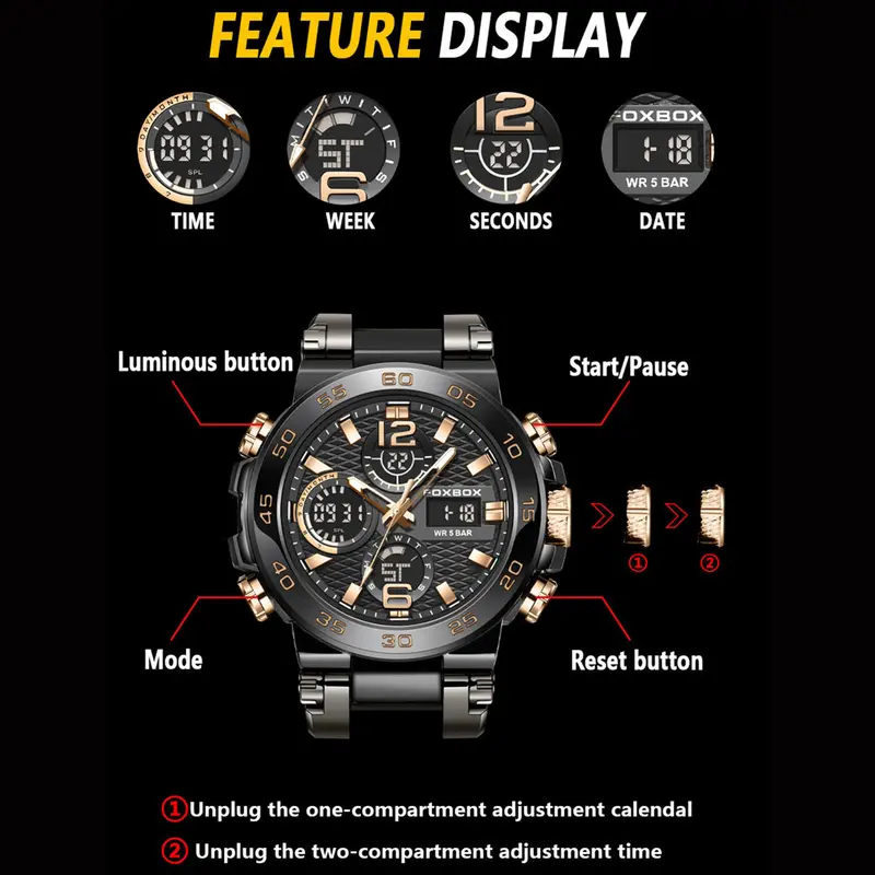 LIGE x FOXBOX jam tangan pria digital modis baru dengan layar ganda jam tangan kuarsa olahraga tahan air bercahaya Watches 7