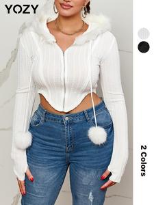 YOZY Pom Decor Fuzzy Trim Cardigan, Casual Plain Textured Thin Thumb Hole Long Sleeve Zipper Crop Hooded Knitwear, 2024 Women's Knitting Clothing for Autumn & Winter