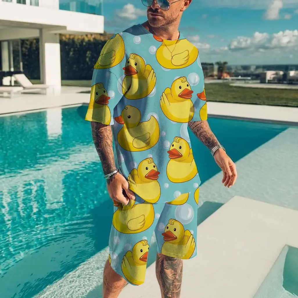 Fashion Duck 3D Printed 2-Piece Set For Casual Harajuku Boys, Oversized Suit, Men'S Round Neck T-Shirt, Shorts, Daily Sports Set, Men'S Wear Fabric Menswear Polyester