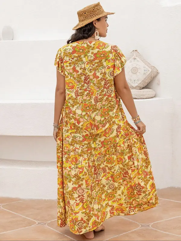 【Plus Size】Floral Print Ruffle Hem Belted A Line Light Dress, Comfort Bohemian Dresses for Women, Contrast Lace V Neck Long Dress for Beach Vacation Holiday, Summer Dresses 2025, Sun Dress, Dresses for Holiday 8