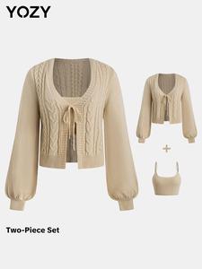 YOZY Two-Piece Set Women's Plain Textured Lantern Sleeve Cardigan & Crop Cami Top Sweater Set, Casual V Neck Tie Front Cardigan & Sleeveless Top for Fall & Winter, Women's Knitwear for Daily Wear