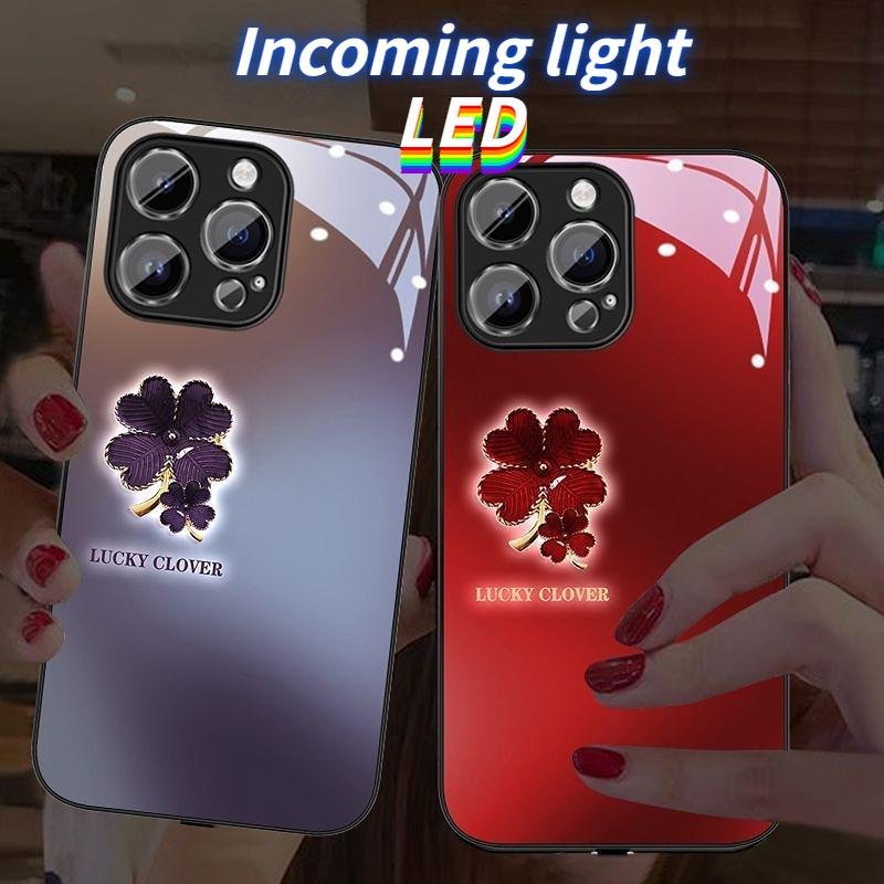 Ốp Điện Thoại Phát Sáng Đèn LED Bằng Kính Cỏ Ba Lá May Mắn, Tương Thích Với iPhone 15, 15Promax, 15plus, 15pro, 14Promax, 14plus, 14pro, 14, 13Promax, 13, 13pro, 12ProMax, 12pro, 12, 16promax, 16plus, 16pro