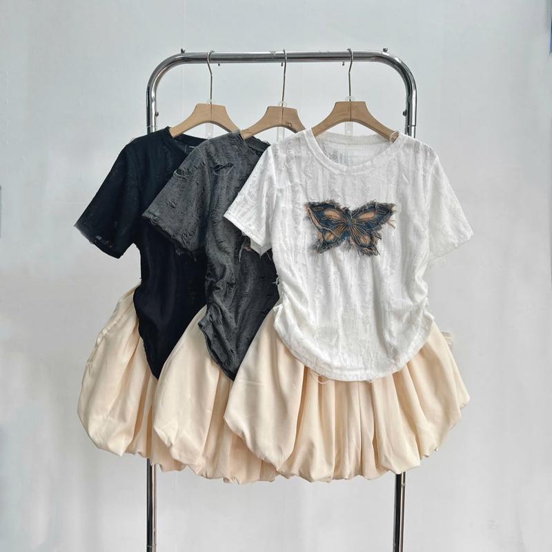 Set Bigsize (Áo + Váy) Áo Lưới Thêu Hình Bướm Phối Chân Váy Bí Cho Nữ Chuppy (50-95kg)- Top Women